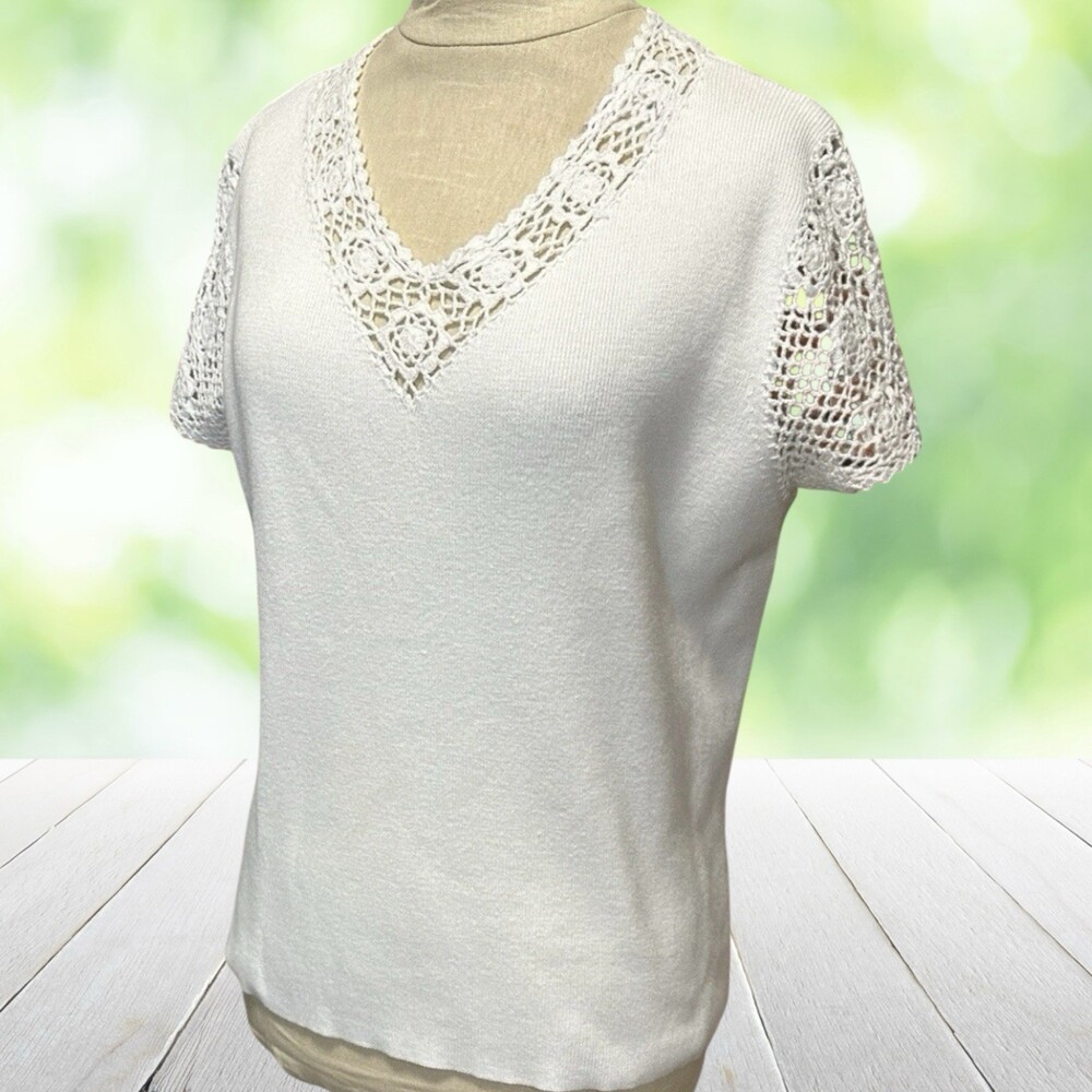 Vintage Y2K Hand Crochet Sweater Floral Lace V Neck Cottagecore Romantic White S